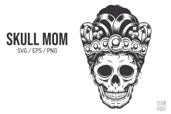 Skull Mom with Crown Line-Art. SVG, PNG.